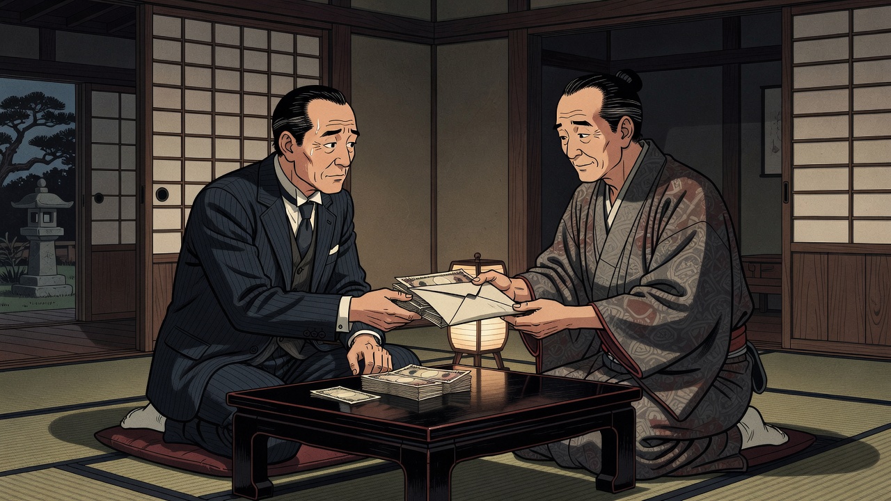 役人と商人が密談し賄賂を渡す様子