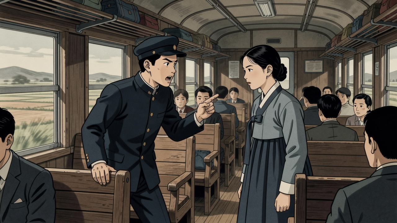 日本人学生と朝鮮人女子生徒が列車内で口論になる様子