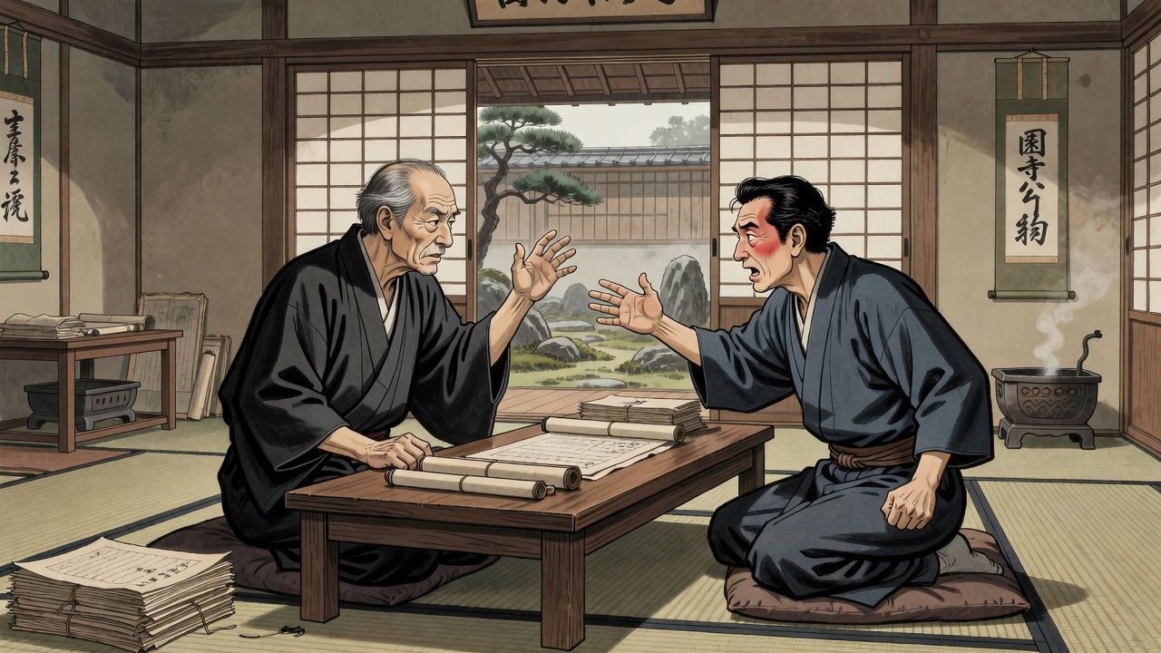 興津の邸宅で激しく議論する西園寺と牧野